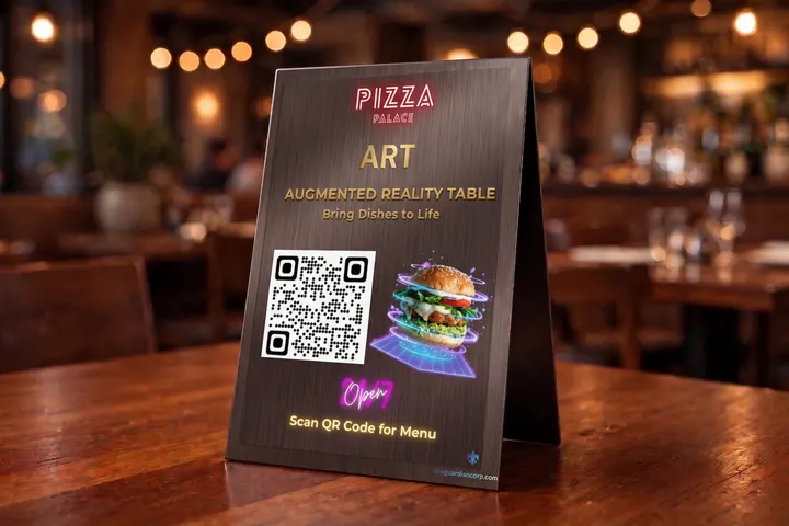An ART QR code table stand on a restaurant table